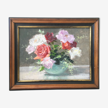 Old painting vase of roses