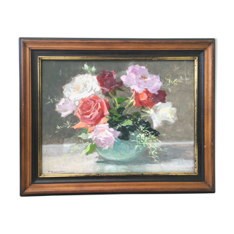 Old painting vase of roses
