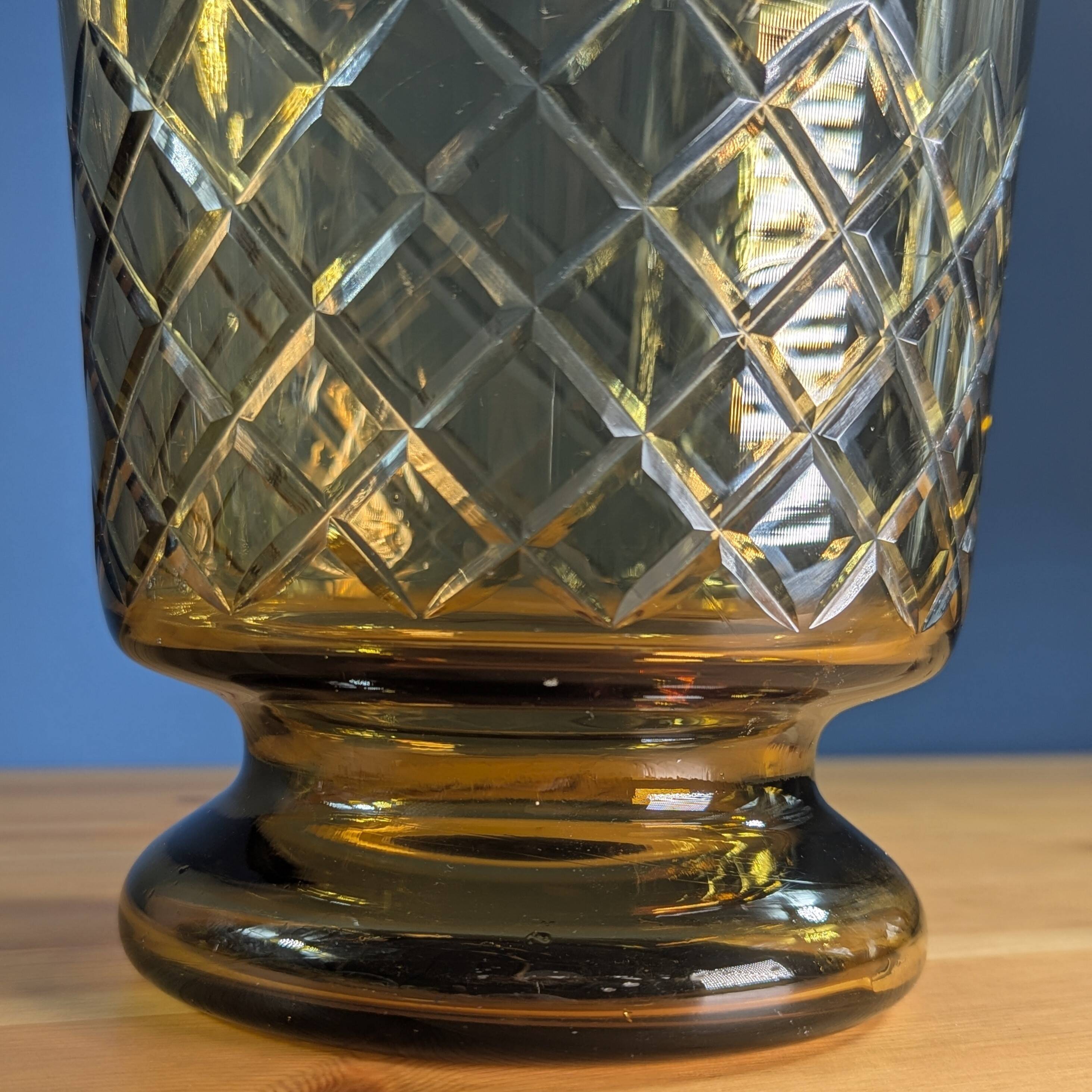 Brown smoked glass candle holder vase, height 23.5cm, geometric decoration