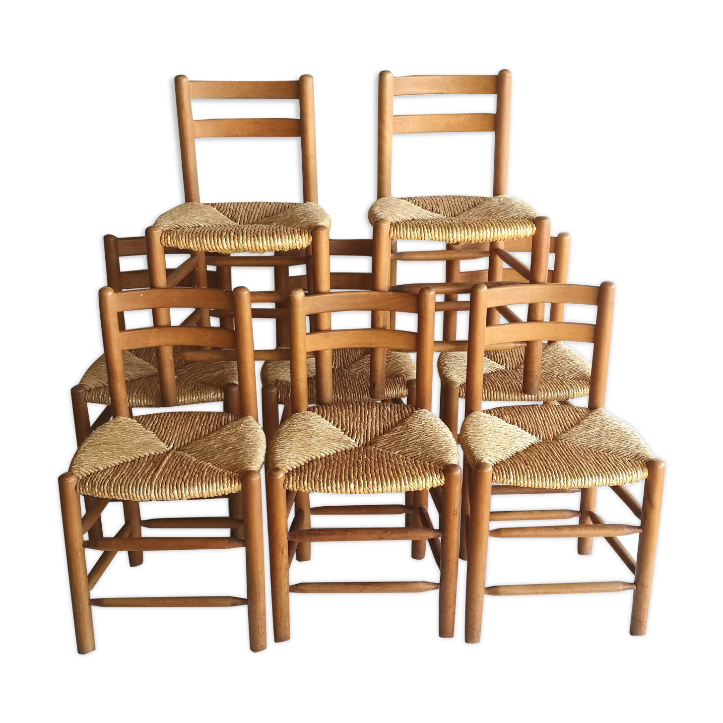 Set de 8 chaises paillées, années 60