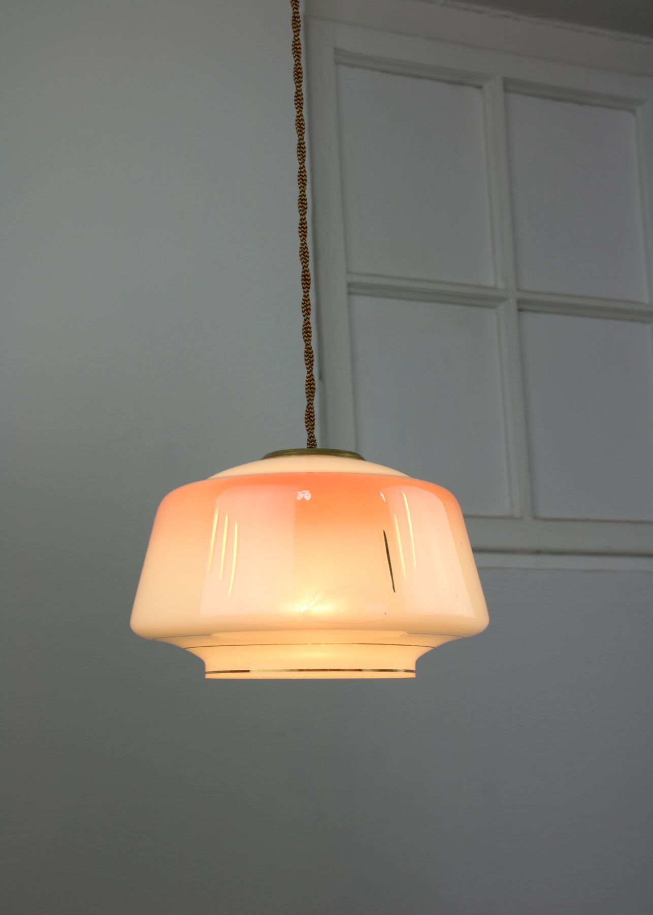 Vintage glass & brass salmon pendant lamp