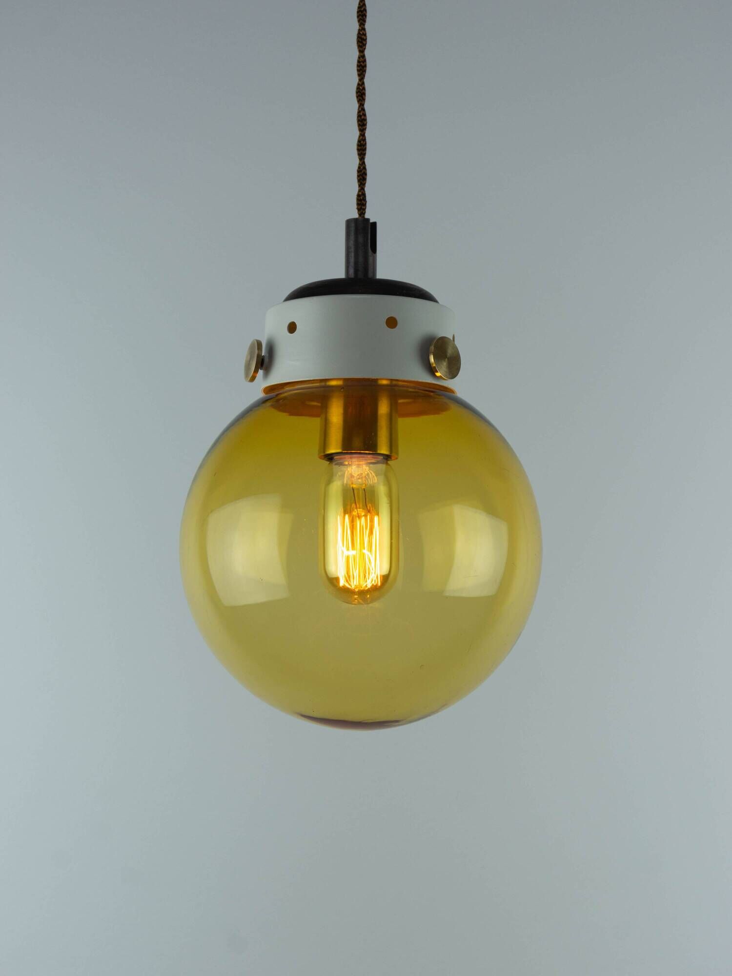 Industrial Vintage Mid-Century Modern Amber Glass And Brass Metal Lamp