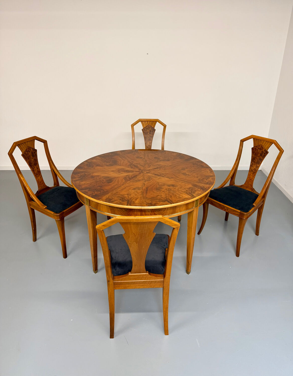 4 walnut burl wood chairs from the 1920s Art Nouveau period.