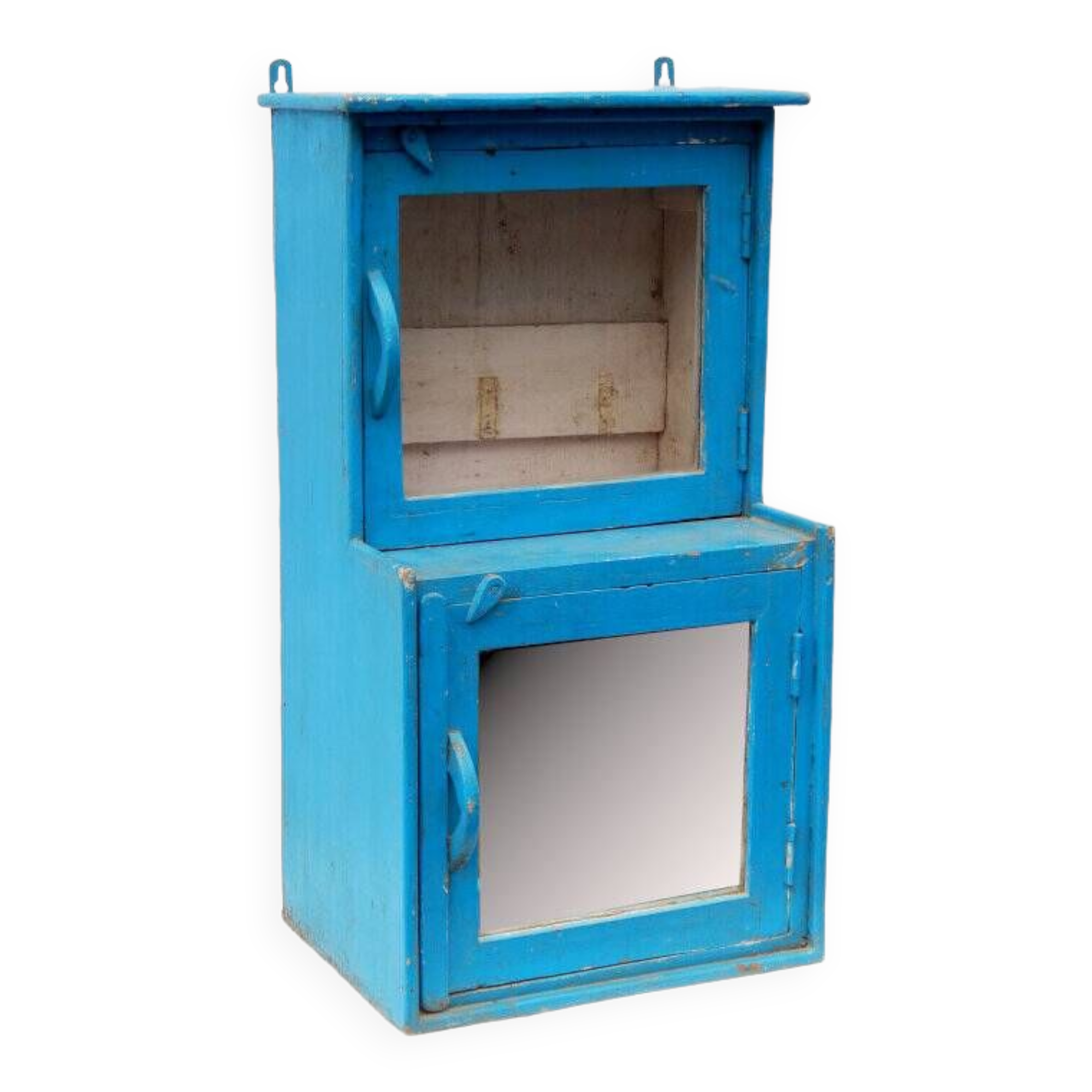 Indian blue window glass and mirror vintage old teak wood