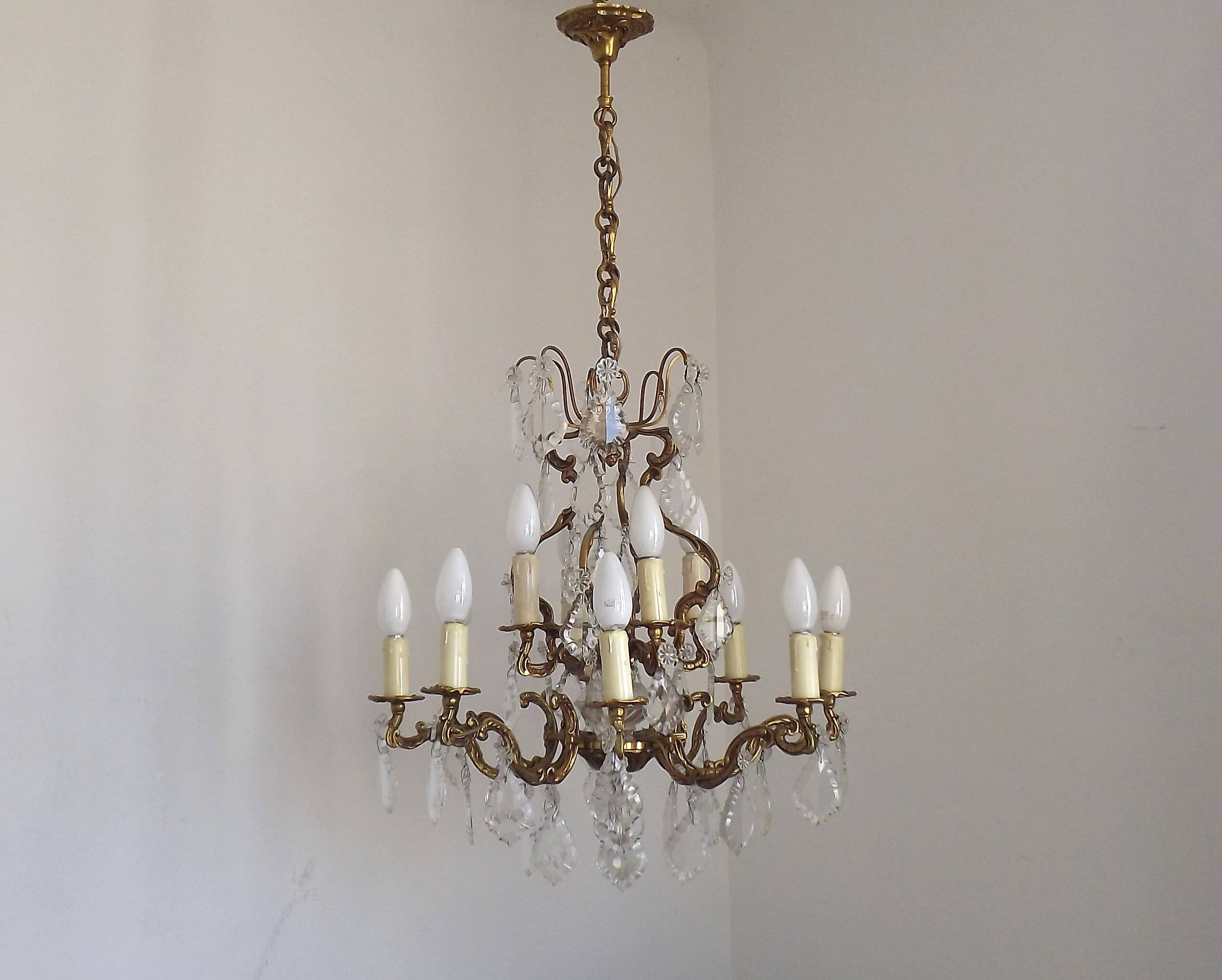 Lustre Cage 12 Lights Art Nouveau Bronze Glass and Crystal 5226