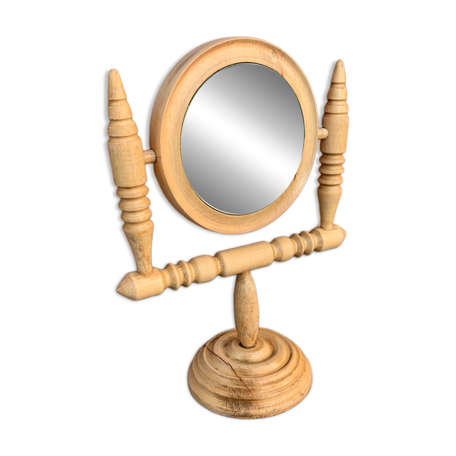 Swivel tabletop mirror in solid blonde pine, turned design from the 1950s, Czech Republic.