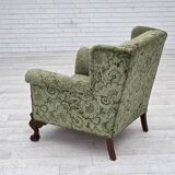 1950s, Danish relax armchair, green furniture velour, carved oak wood.