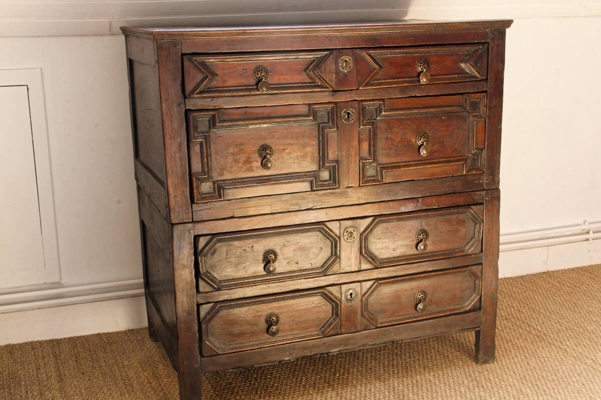 English chest of drawers; Charles II period, oak