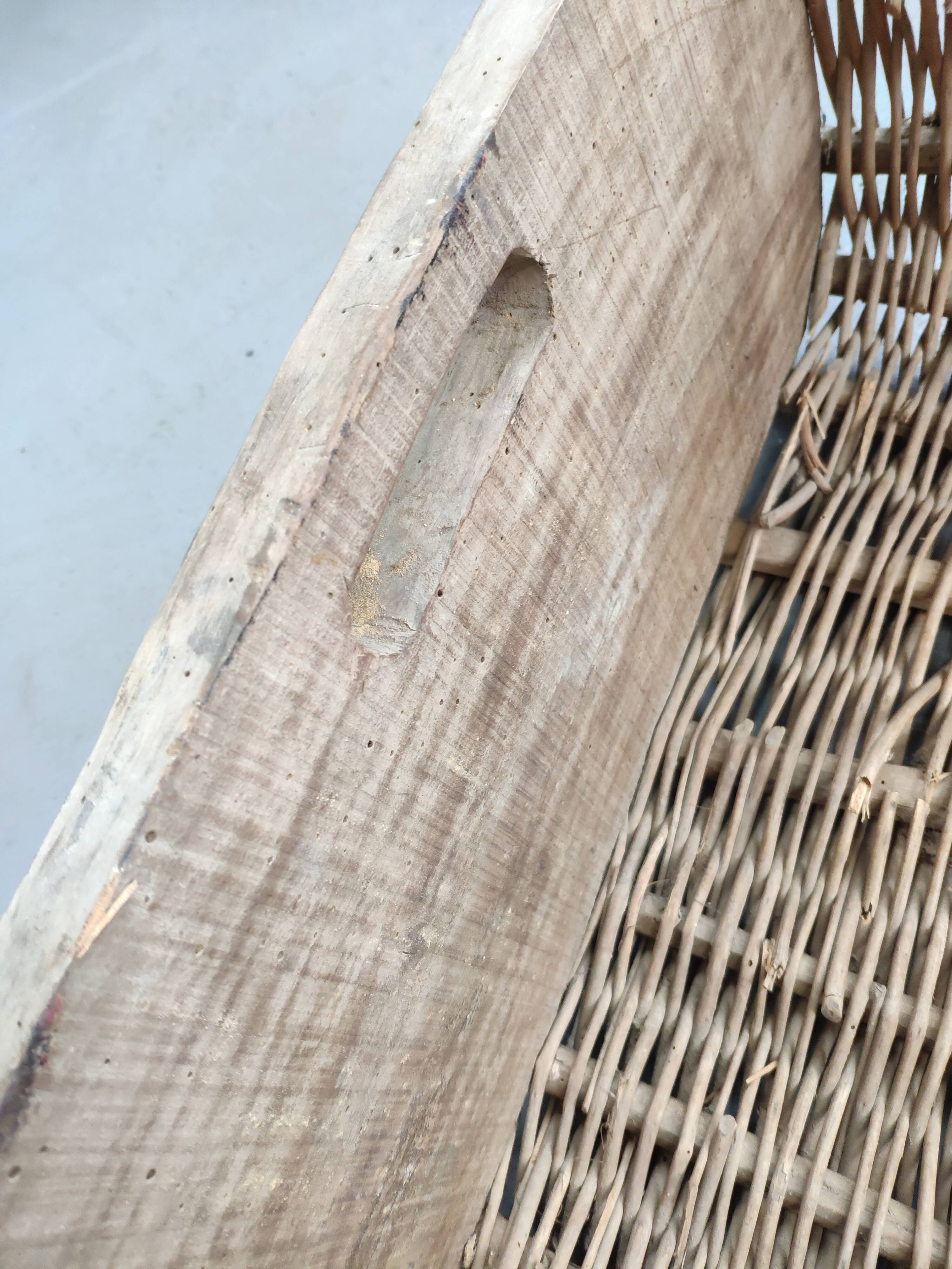 Set of 2 old large baskets with logs wood and wicker