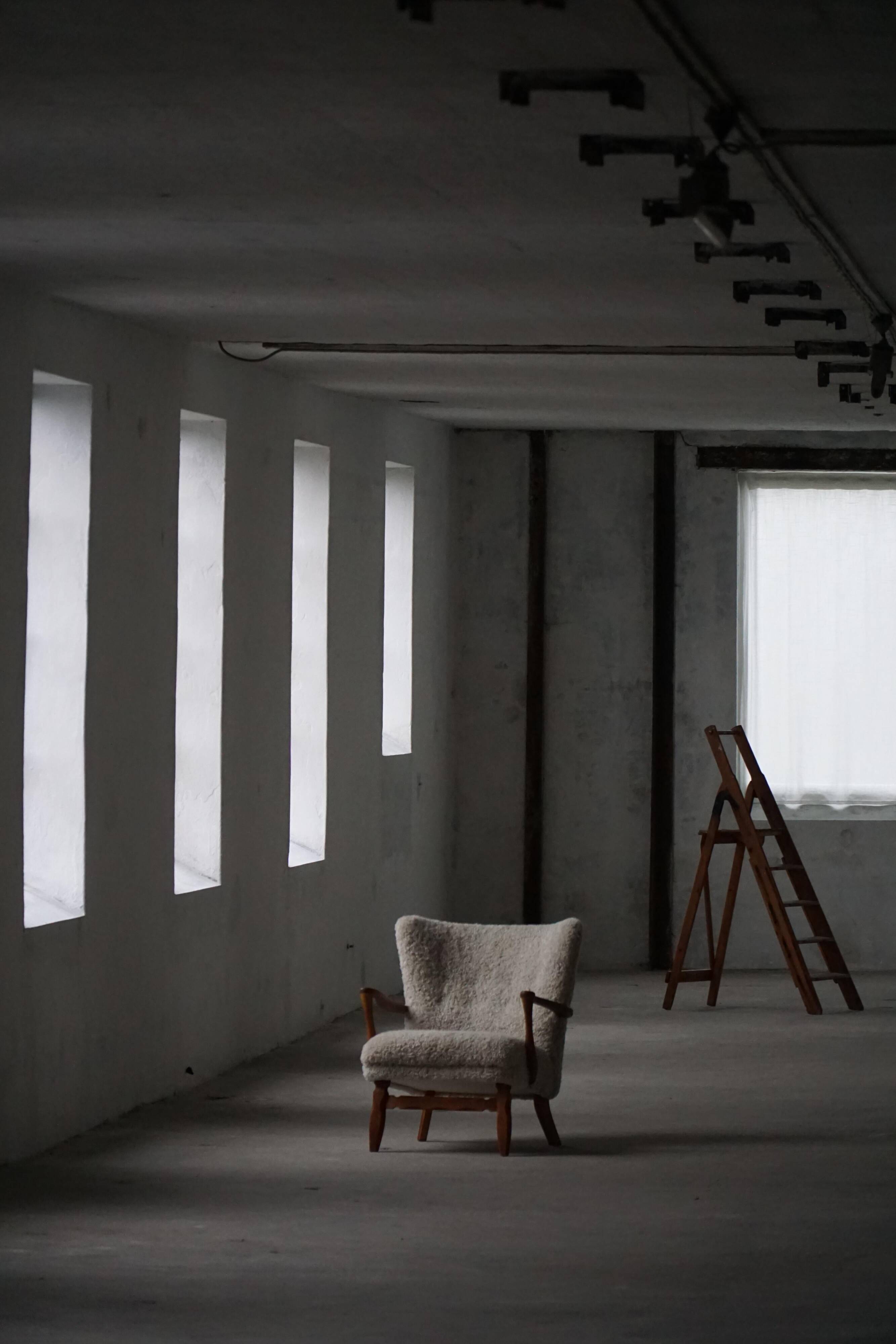 Viggo Boesen, Lounge Chair in Oak and Sheepskin Shearling, Modern Danish, 1950s