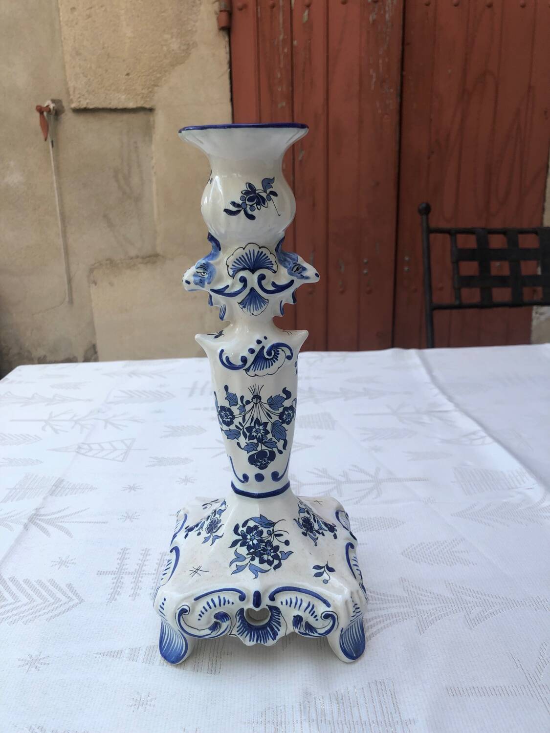 Hand-painted Moustiers porcelain candle holder