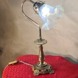 bronze art nouveau tulip lamp with translucent blue lace glass 39x25 cm