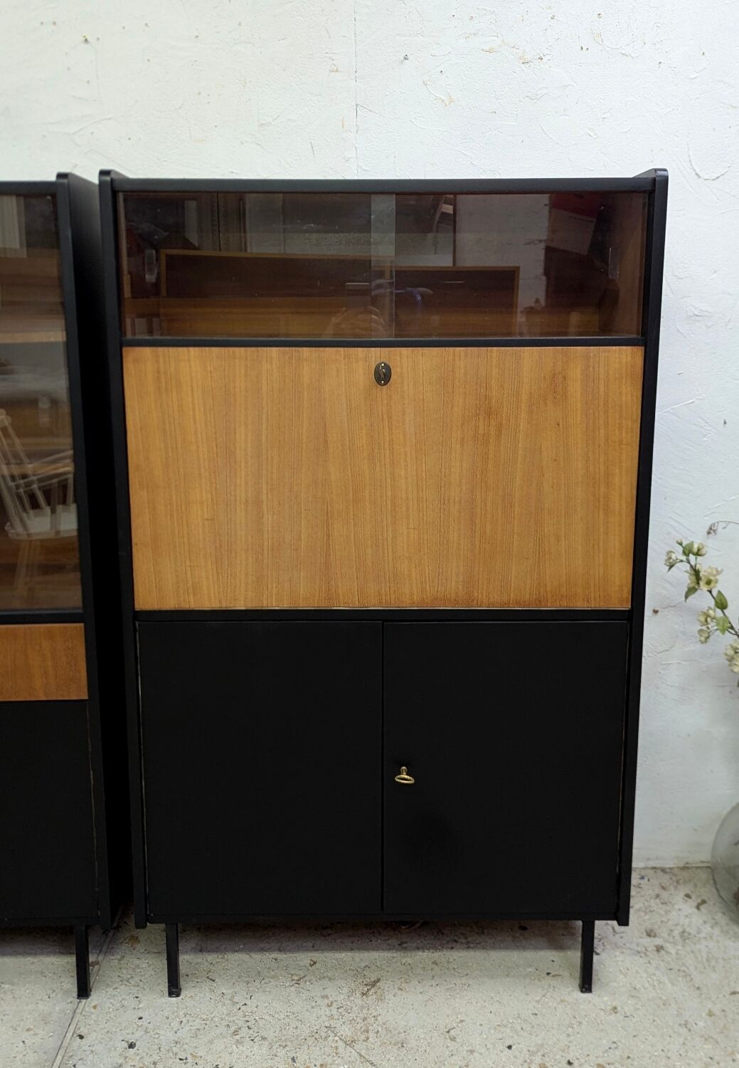 Vintage 1960s Secretary and Display Cabinet Set with Compass Design Legs