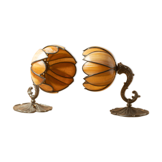 Pair lamps water lilies lotus style Tiffany vintage 90-2000