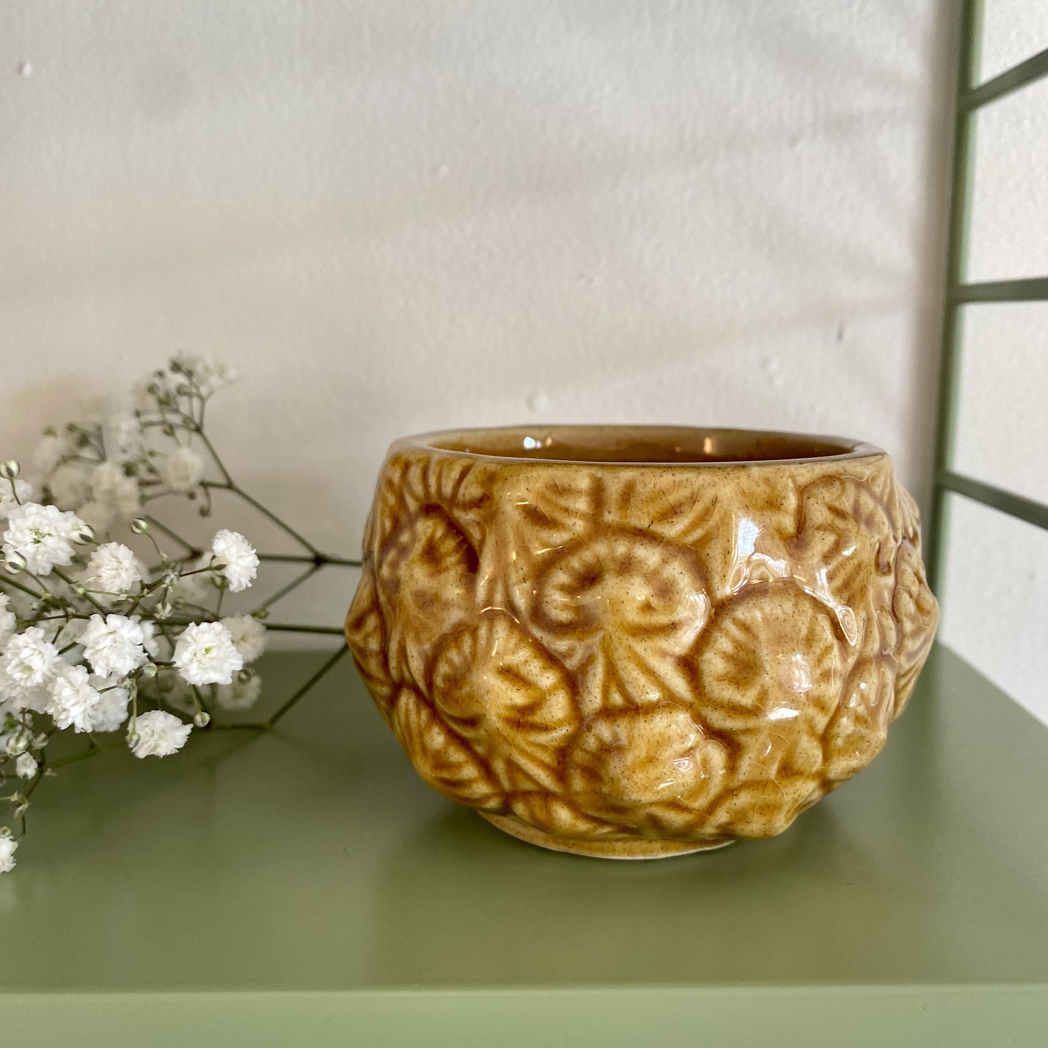 Set of ceramic fruits, a strawberry decanter and two lemon and pineapple jam jars