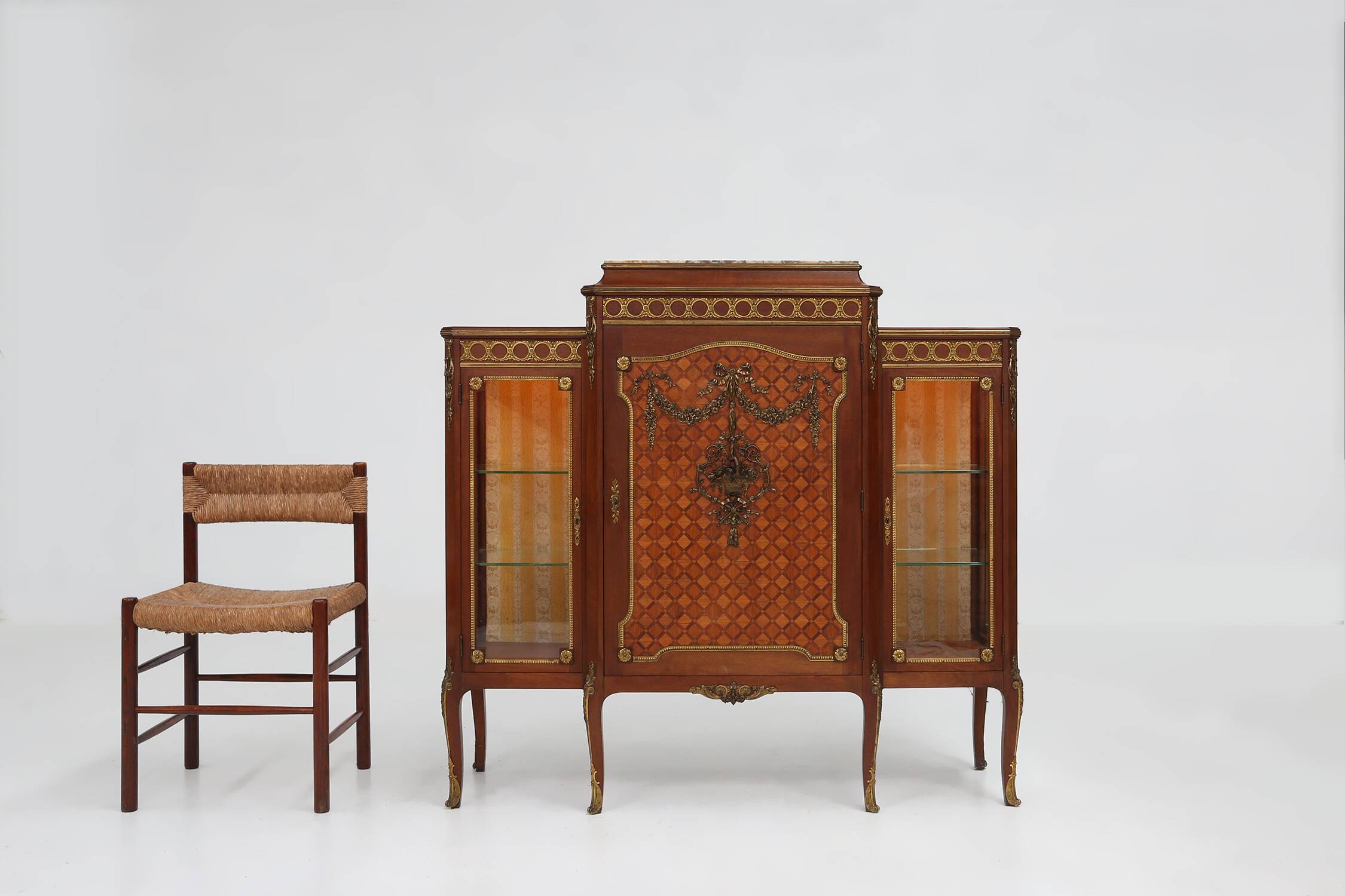 Rare Louis XVI display cabinet in marquetry with light, France ca. 1850