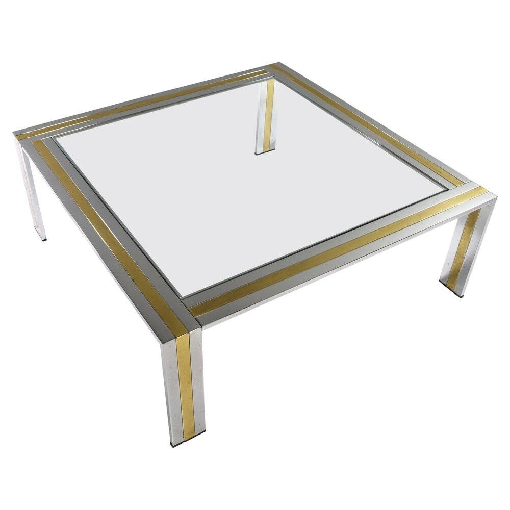 Square coffee table in brass, chrome and glass by Renato Zevi, Italy, 1970s