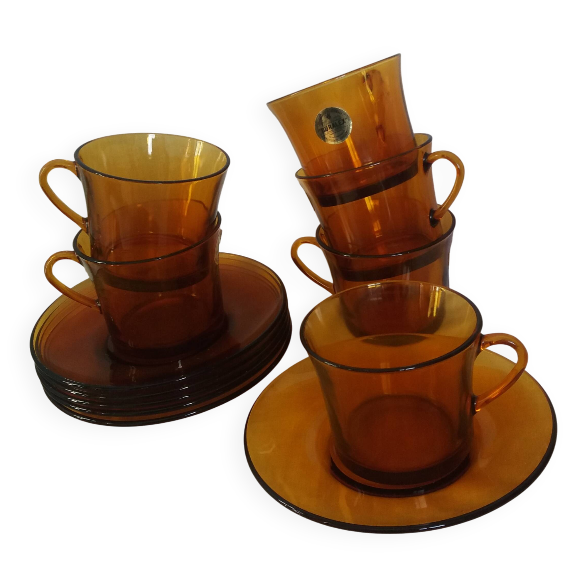 Duralex tea set, 6 large amber glass cups and saucers