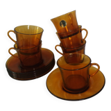 Duralex tea set, 6 large amber glass cups and saucers