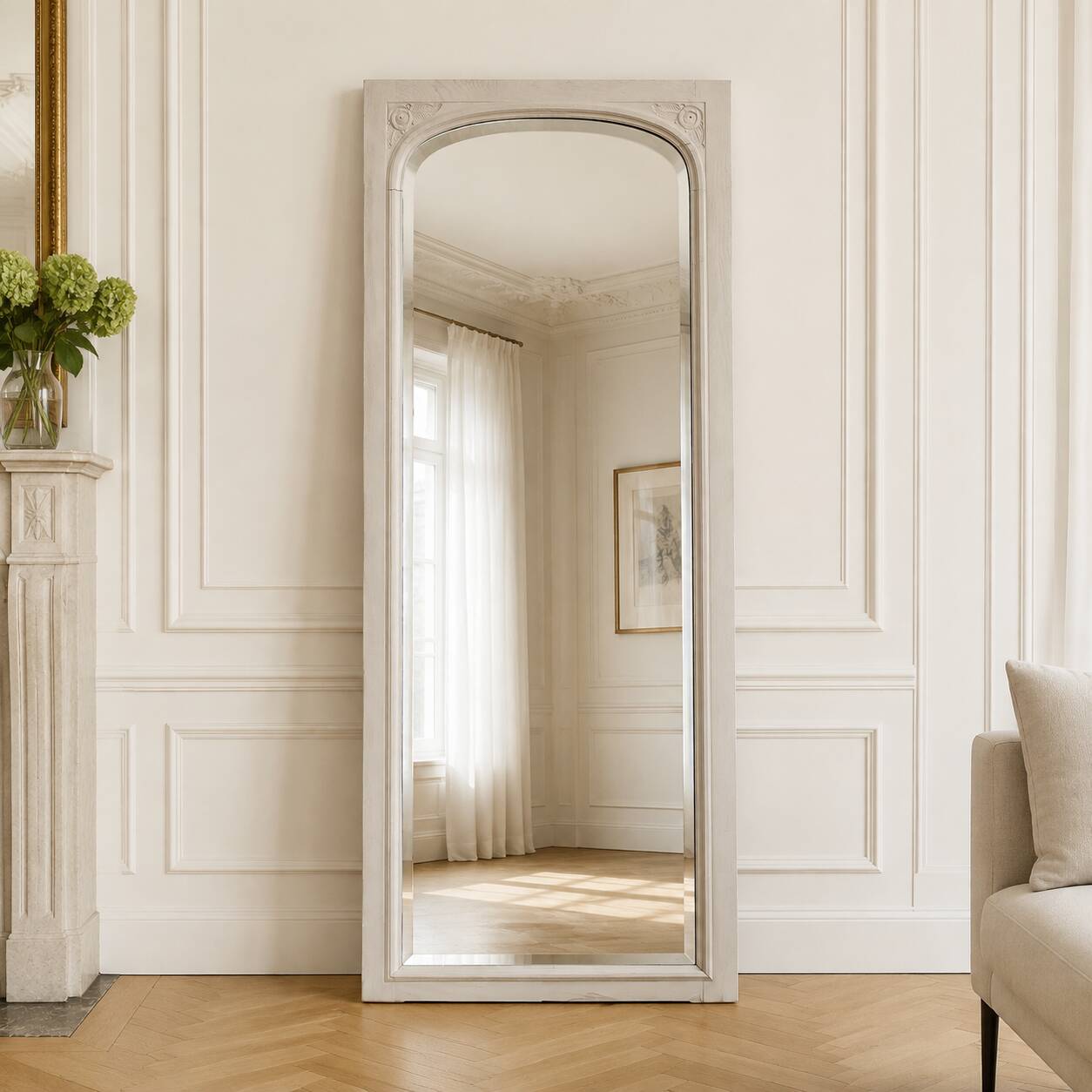 Large antique Art Deco bevelled mirror from 1929 – Greige tabletop mirror