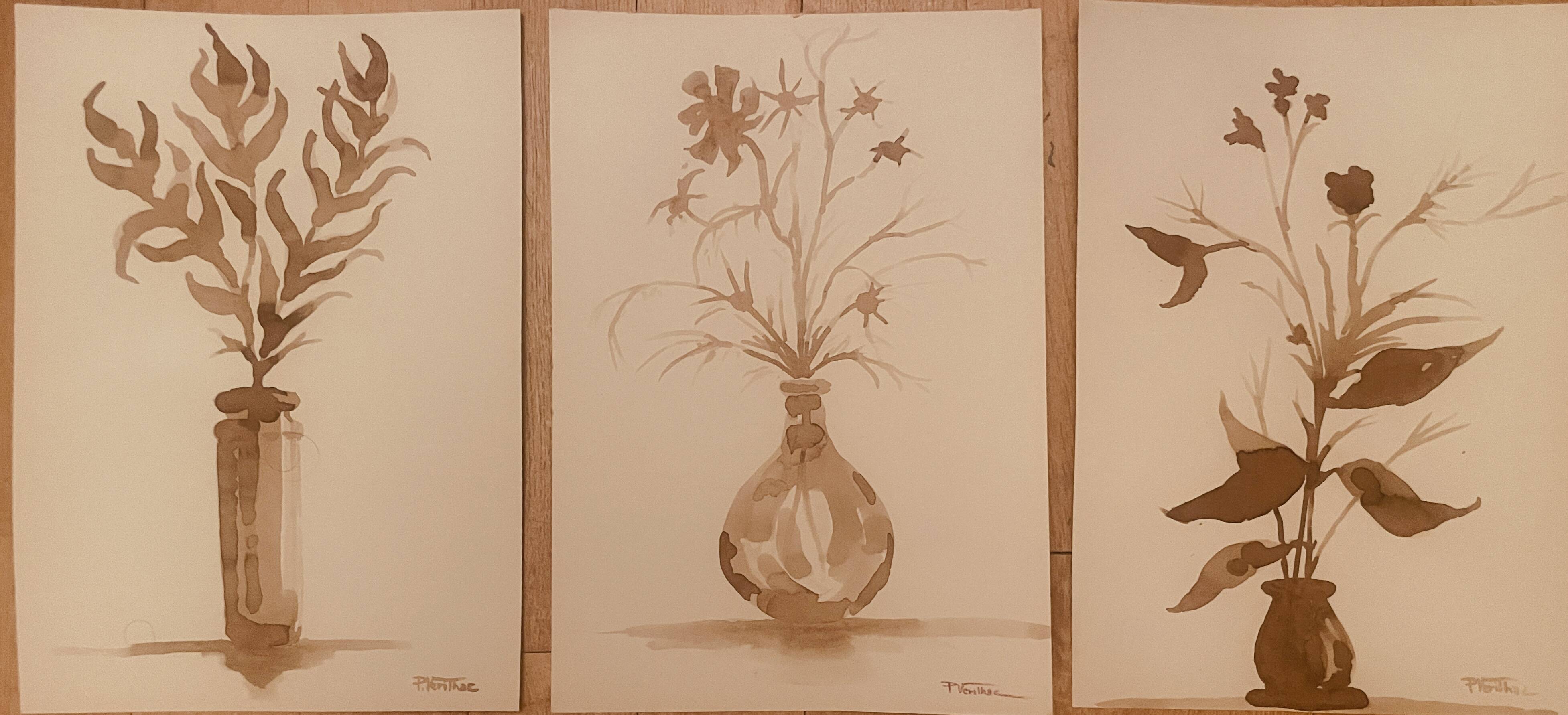 Lot de 3 tableaux nature morte vases fleurs séchées style Wabi Sabi