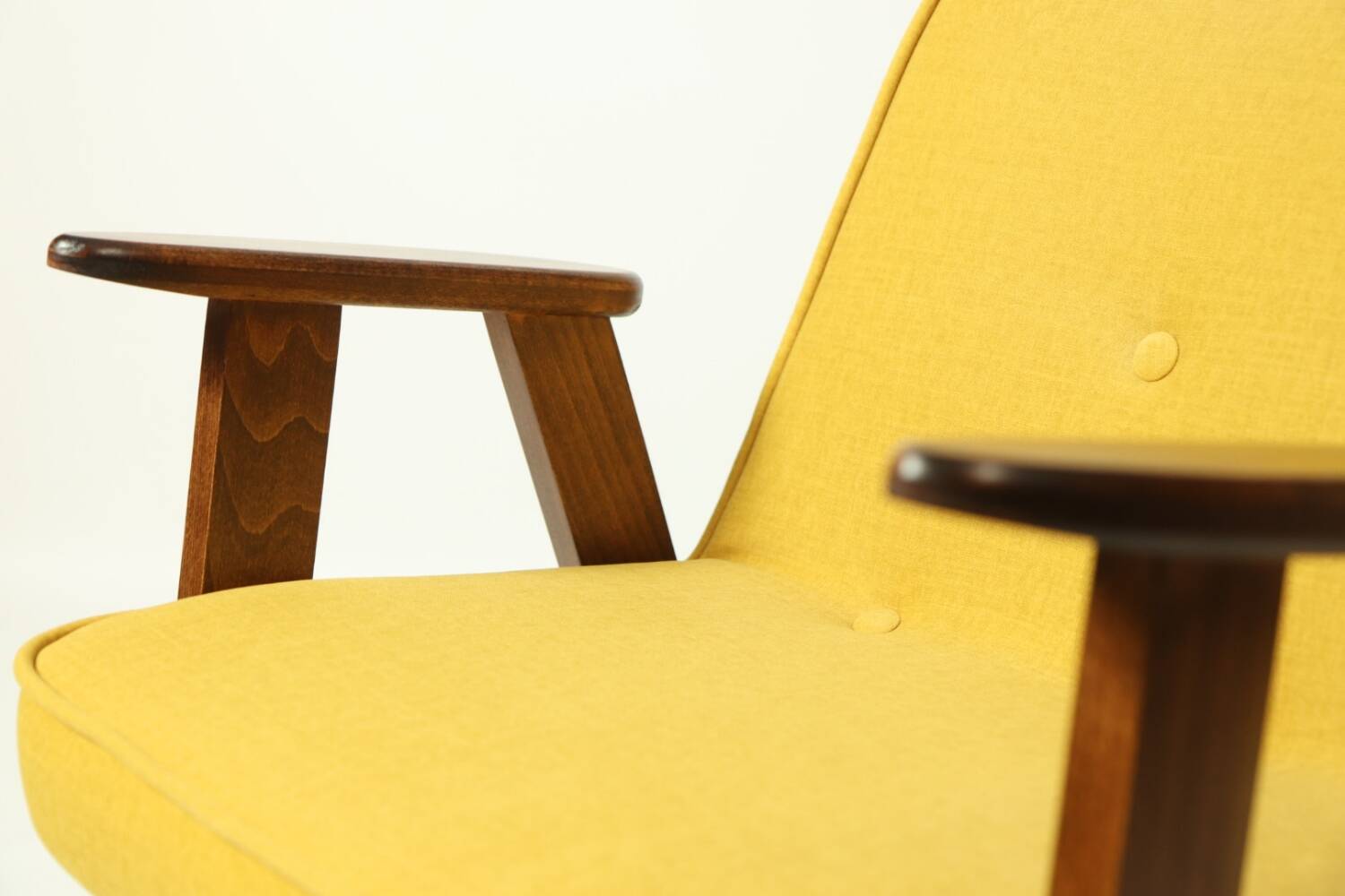 Vintage armchair plush yellow velvet soft dark wood 1962 design by Chierowski
