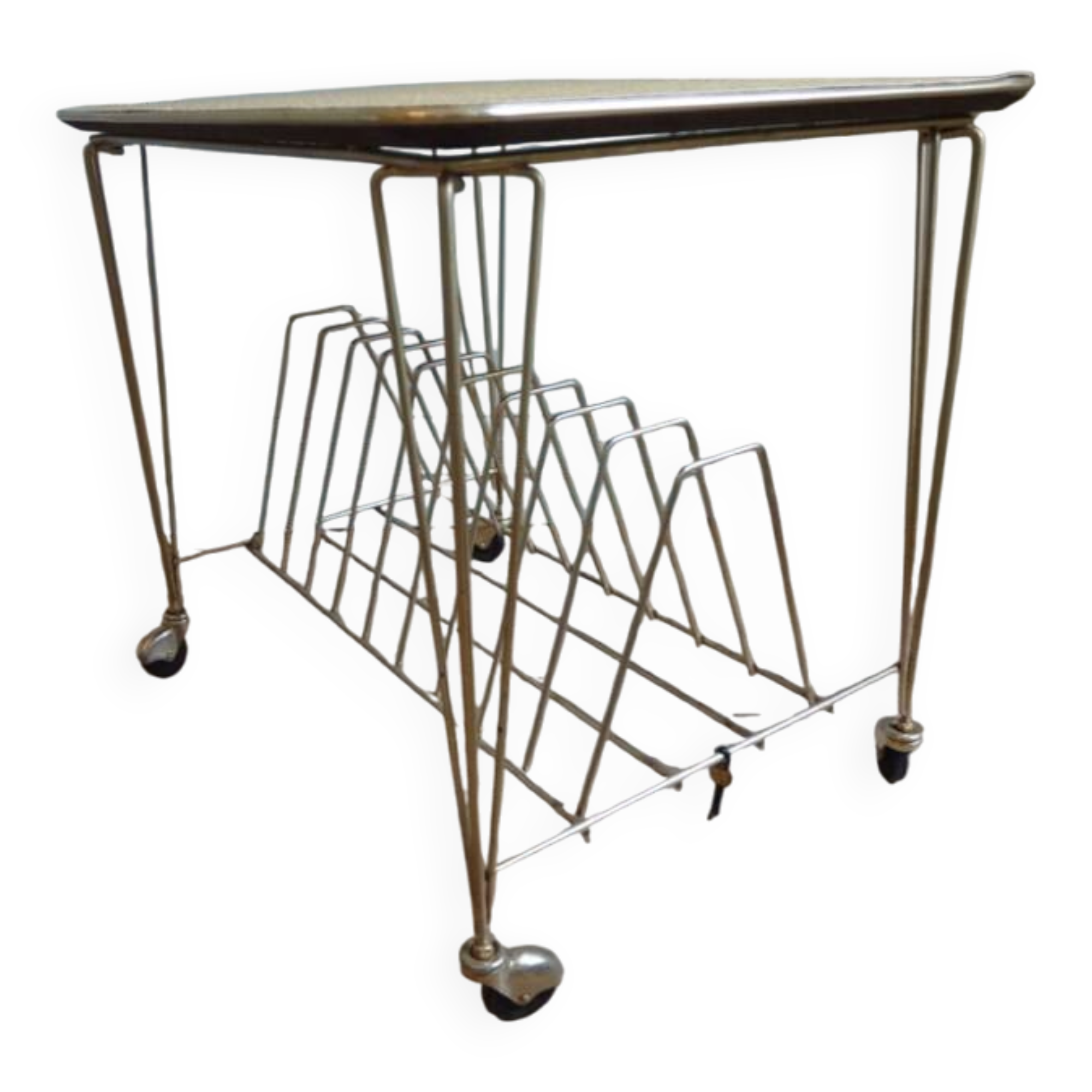 Rolling table for magazines or vinyl records.