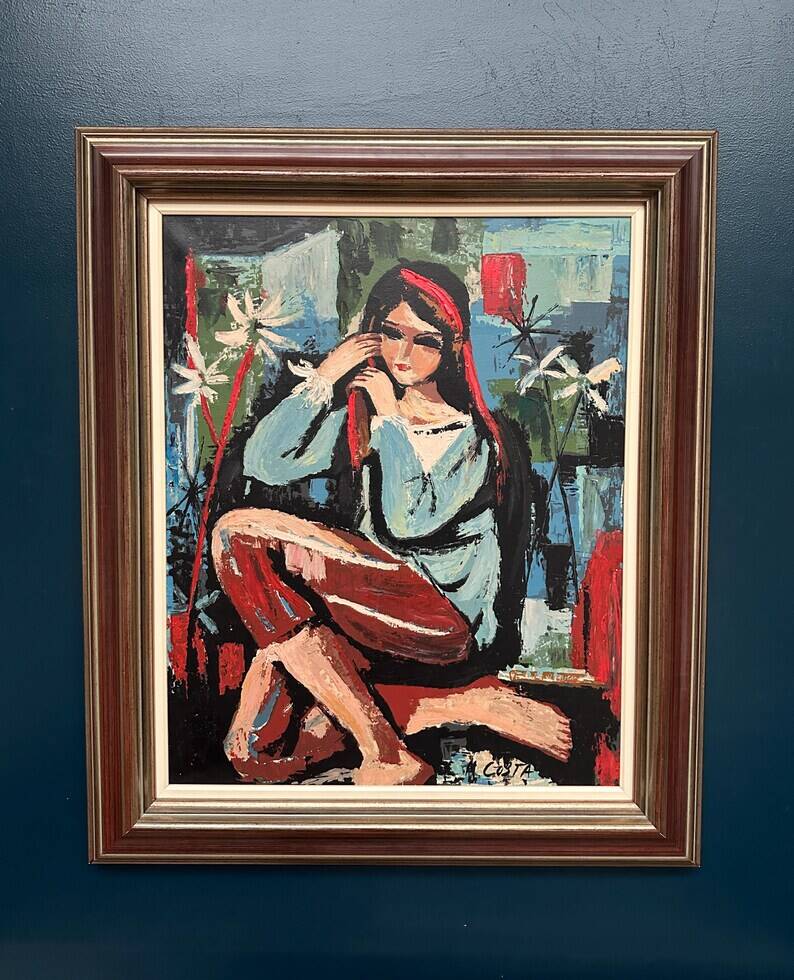 Original Swedish Oil on Canvas - "Portrait of a Young Woman" by M. Costa - Signed - Vintage and Framed - 82.5 × 67.3 cm