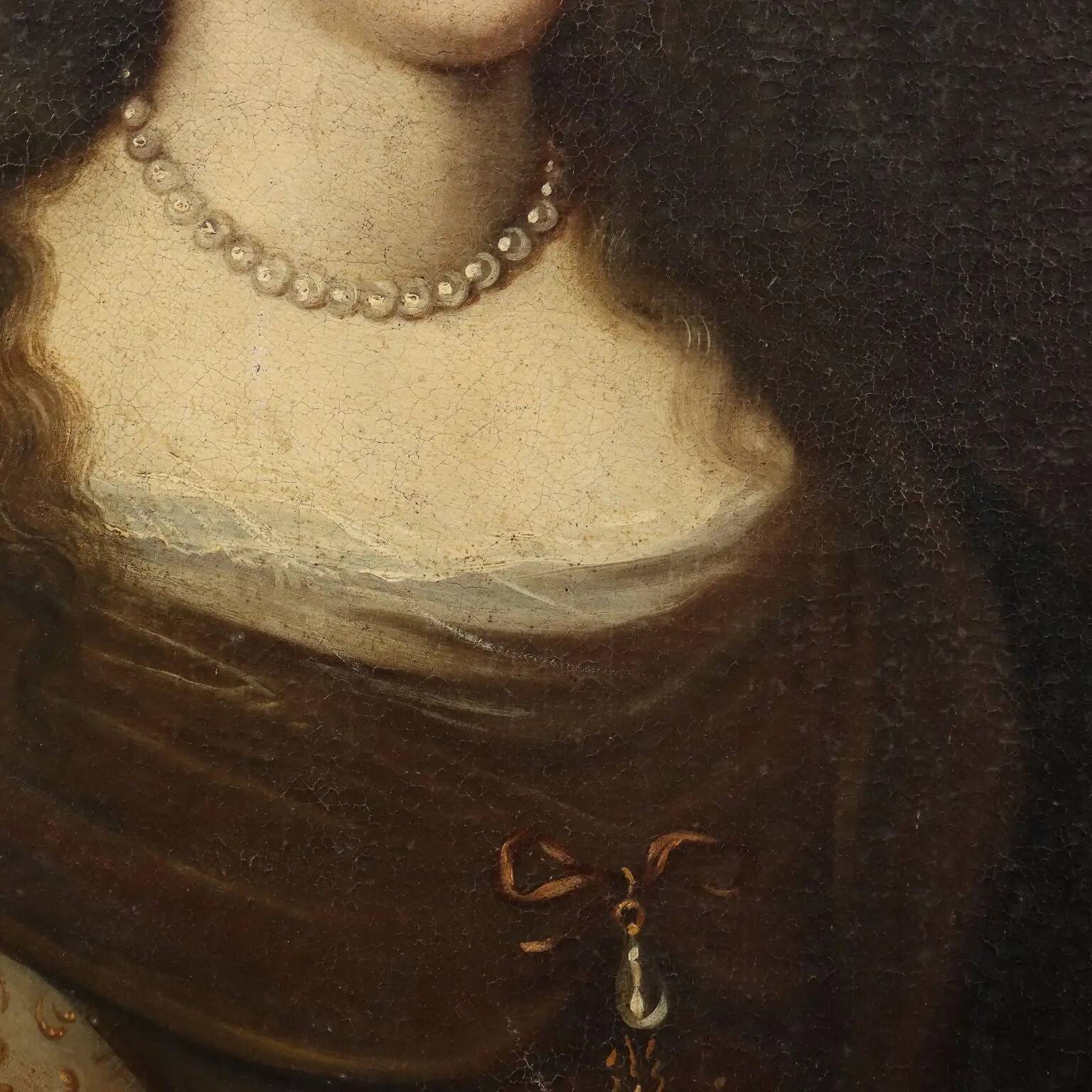 Ancient painting of a woman, oil on canvas, 17th century.