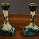 Pair of flower vases in glass paste, with a long slender neck.