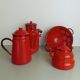 Set milk pot, kettle, coffee maker and red enamelled strainer