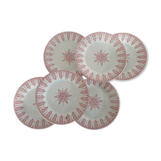 Assiettes plates anciennes X6 terre de fer modèle "Annam" de la manufacture française de Gien
