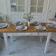 Farm table, leg and belt patinated pearl gray, waxed top medium oak.