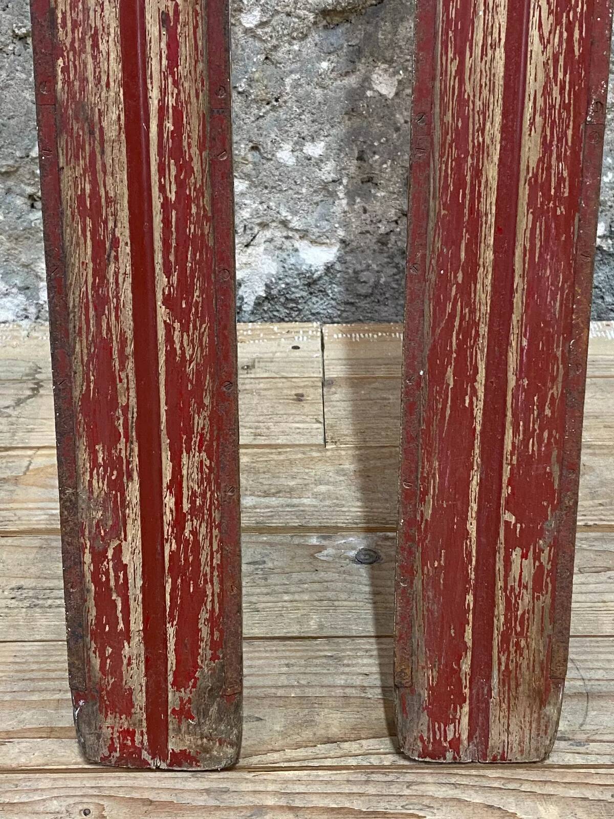 Old Pair of Vintage Blue & White Wooden Skis Mountain Chalet Decor - 218 cm