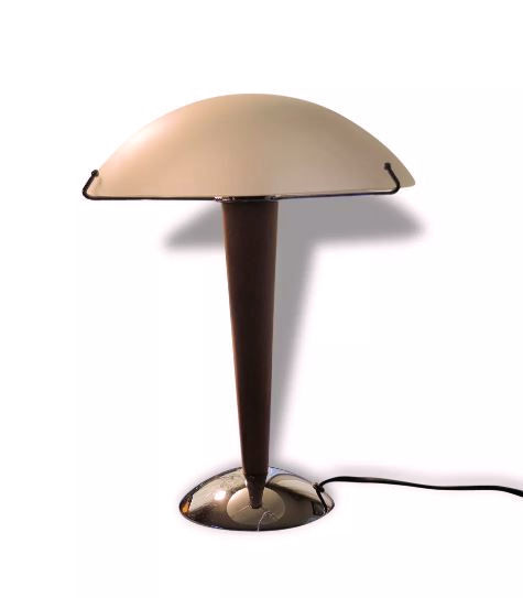 Table lamp legs chrome wood lampshade opaque glass.