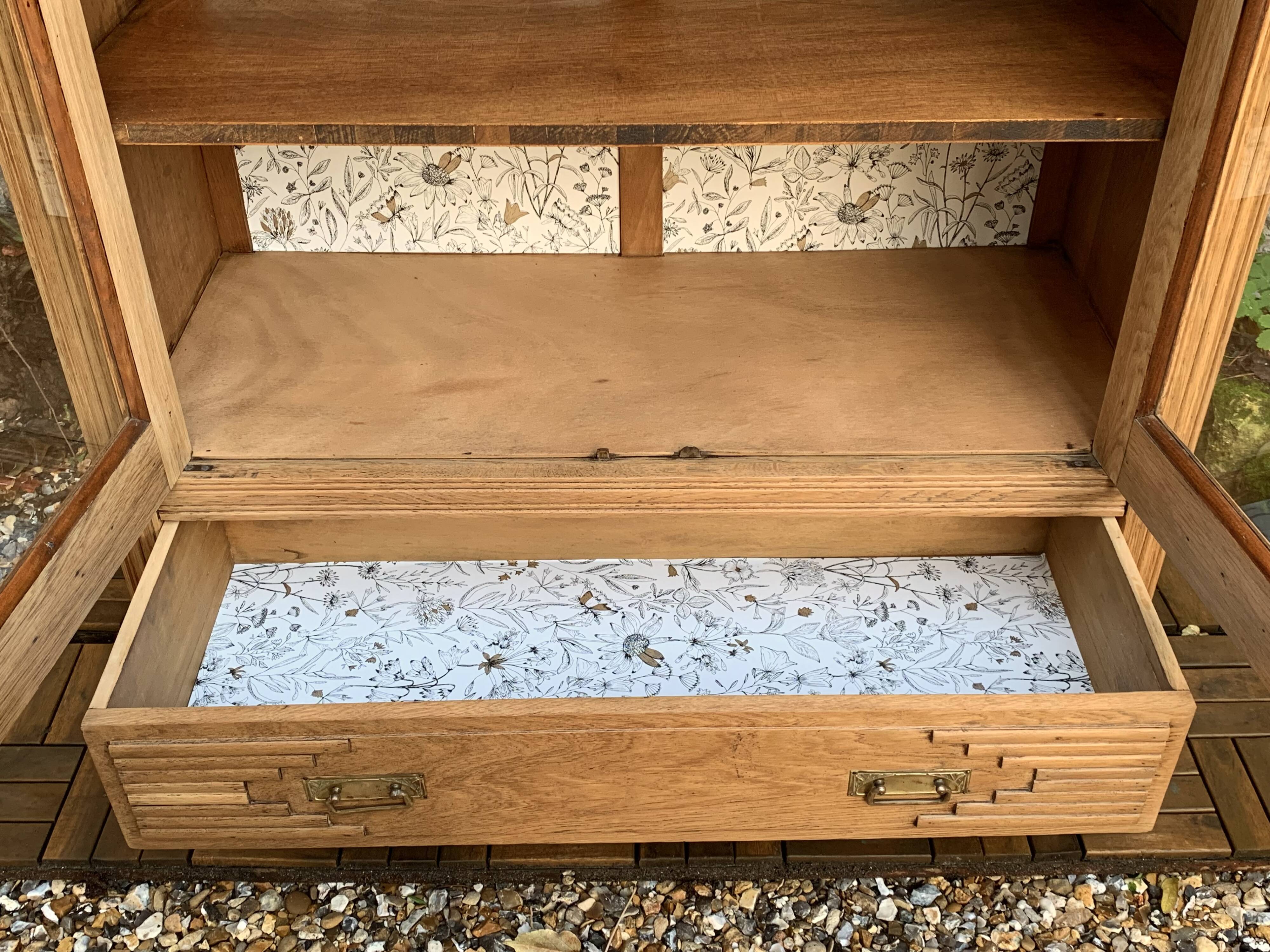 Parisian art deco glass cabinet in raw wood