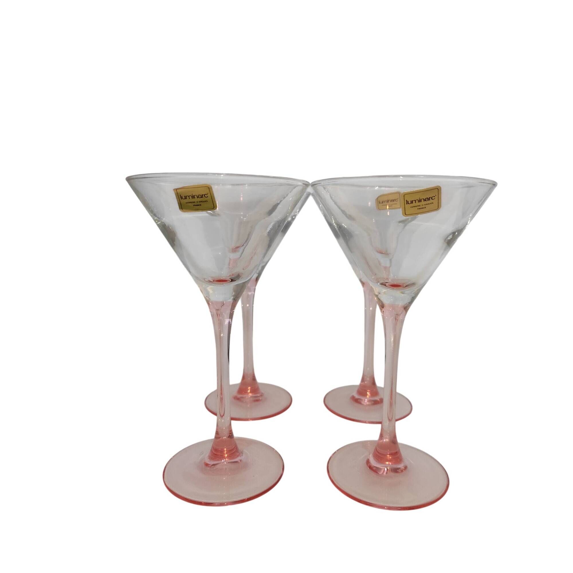 Set of 4 Luminarc Cocktail glasses with pink stems, original label from 1980.