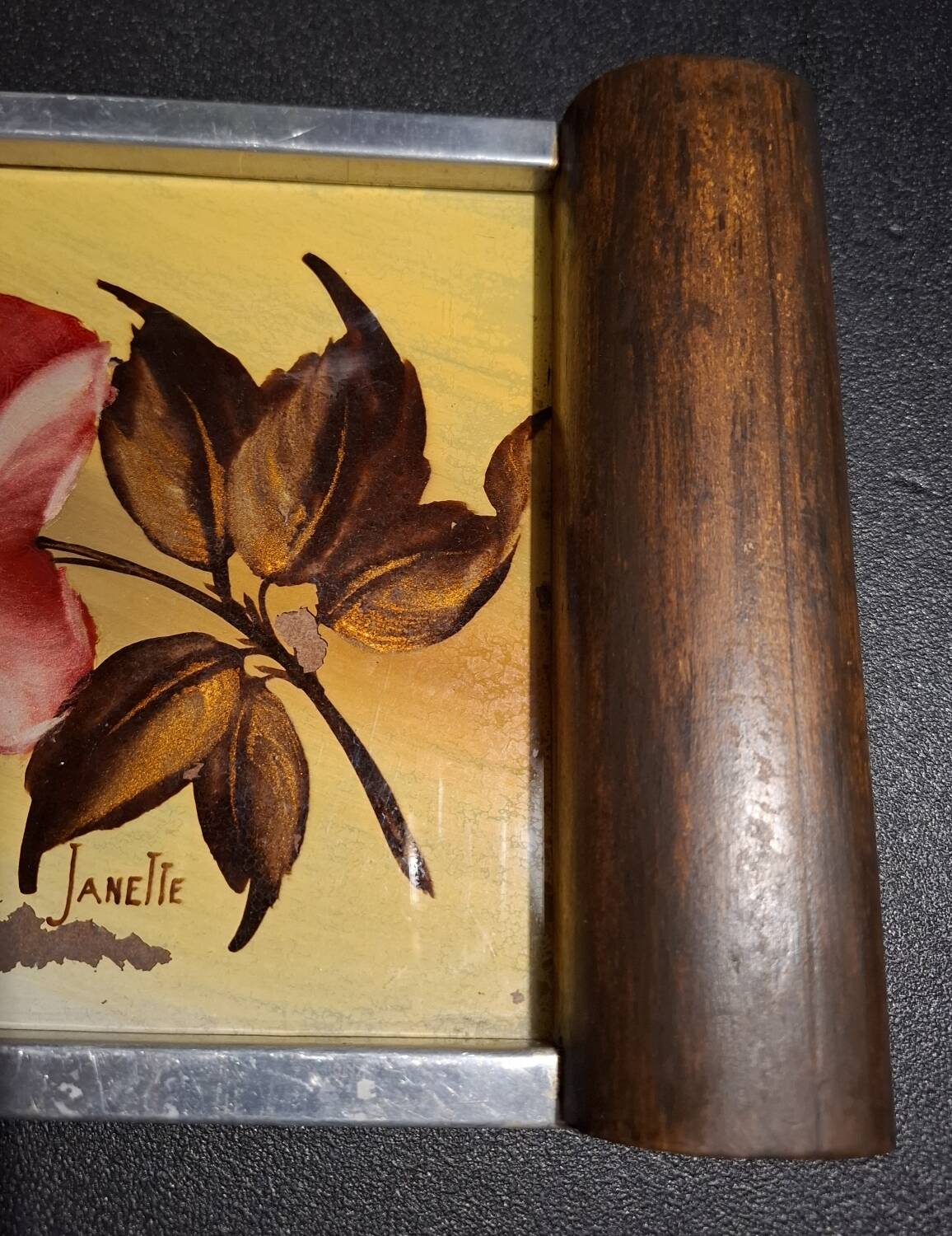 Plateau Art Déco peinture sur verre et bois