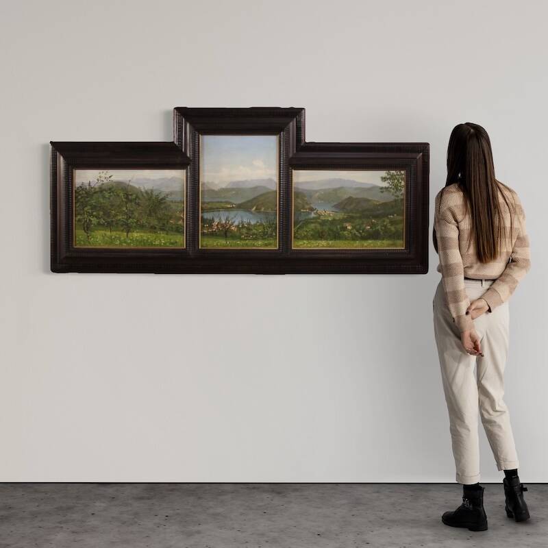 Triptyque de peintures vue du lac de Lugano, 20e siècle