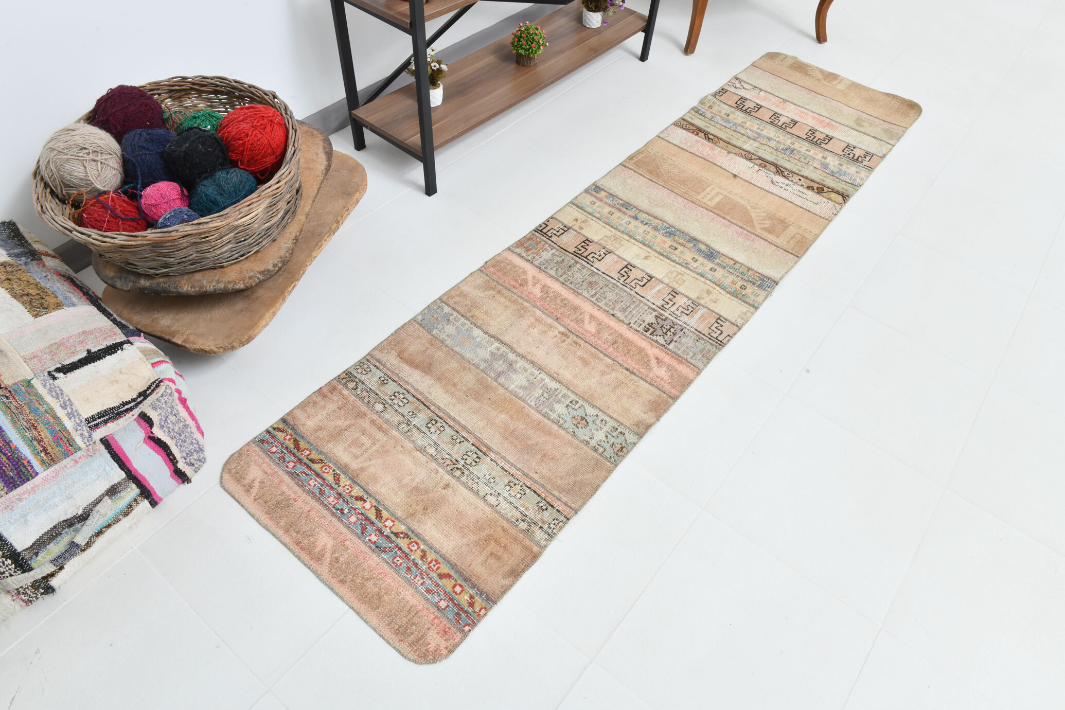 Neutral narrow vintage runner rug,64x262cm