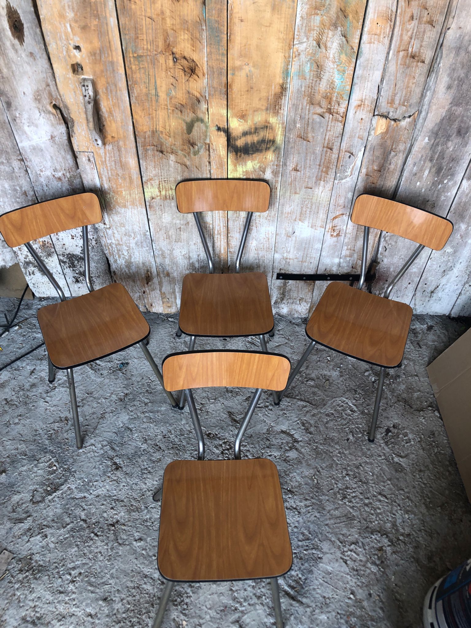Series of 4 Formica Chairs Wood Legs Metal Chrome Vintage #A243