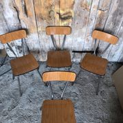 Series of 4 Formica Chairs Wood Legs Metal Chrome Vintage #A243