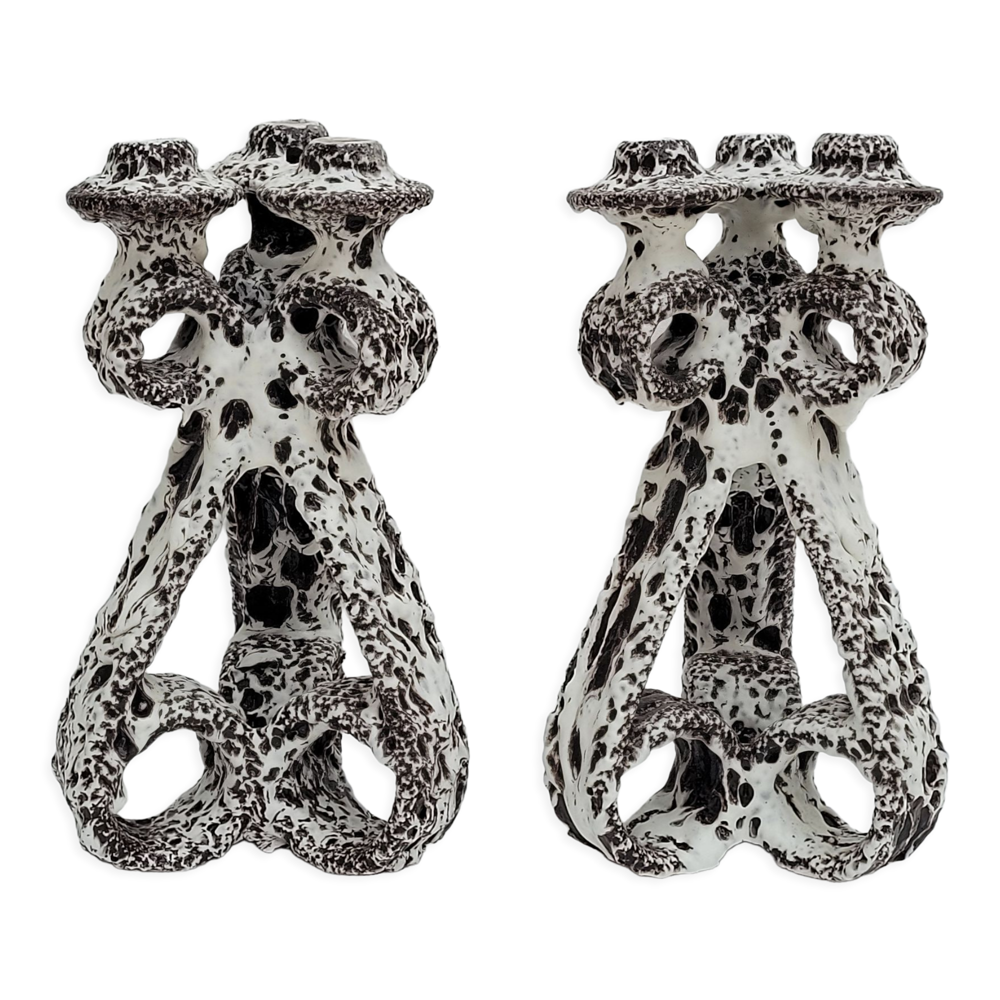 Pair of three-burner candelabra candlesticks by Marius Giuge glazed ceramic Vallauris 1950