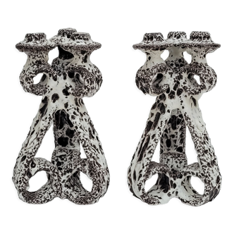 Pair of three-burner candelabra candlesticks by Marius Giuge glazed ceramic Vallauris 1950