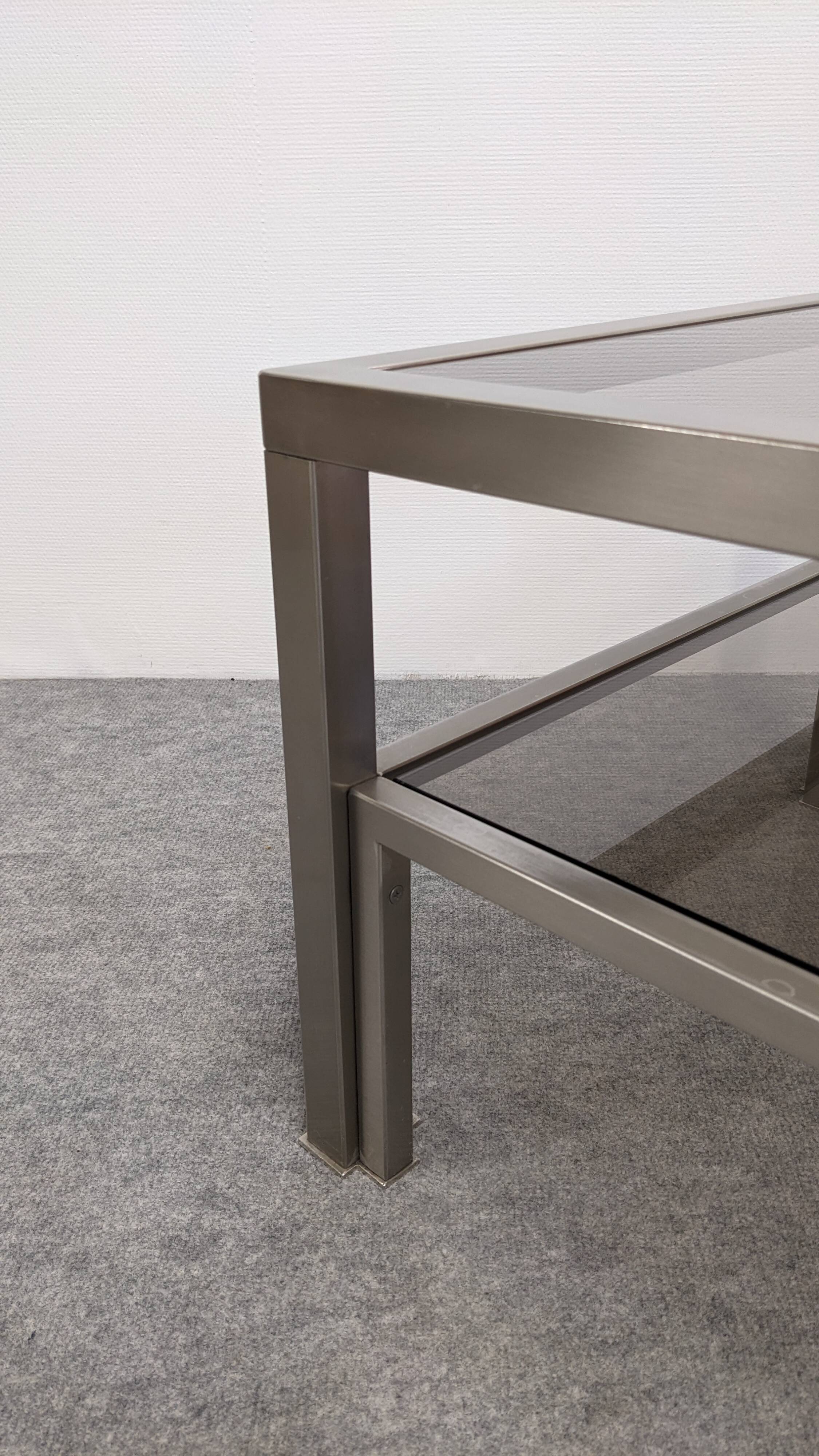 Table basse à 2 plateaux en inox brossé et verre fumé, France vers 1970
