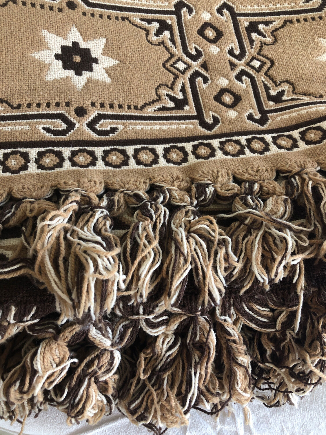 Vintage handmade beige and brown bedspread with fringes