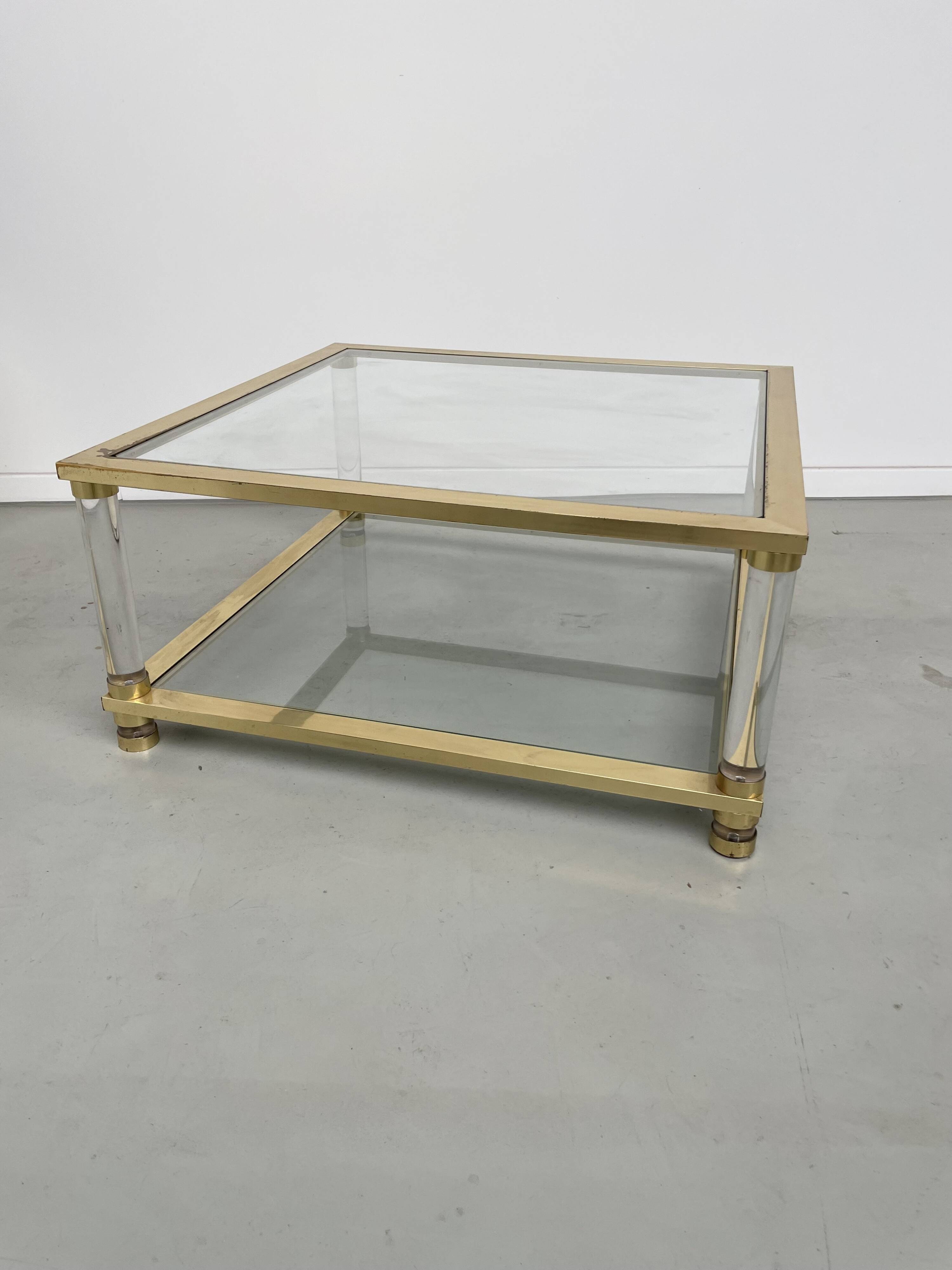 1970s lucite, brass and glass coffee table