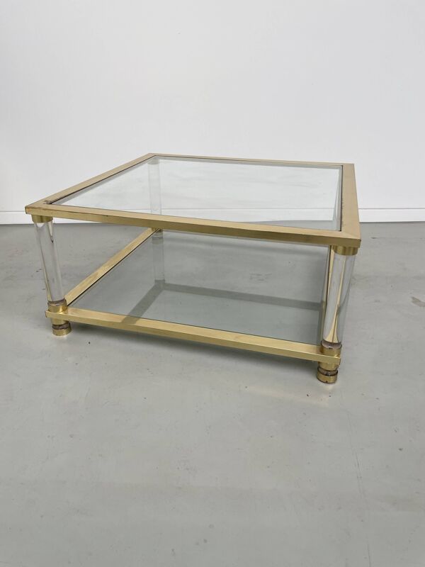 Table basse lucite, laiton et verre années 70