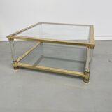 Table basse lucite, laiton et verre années 70