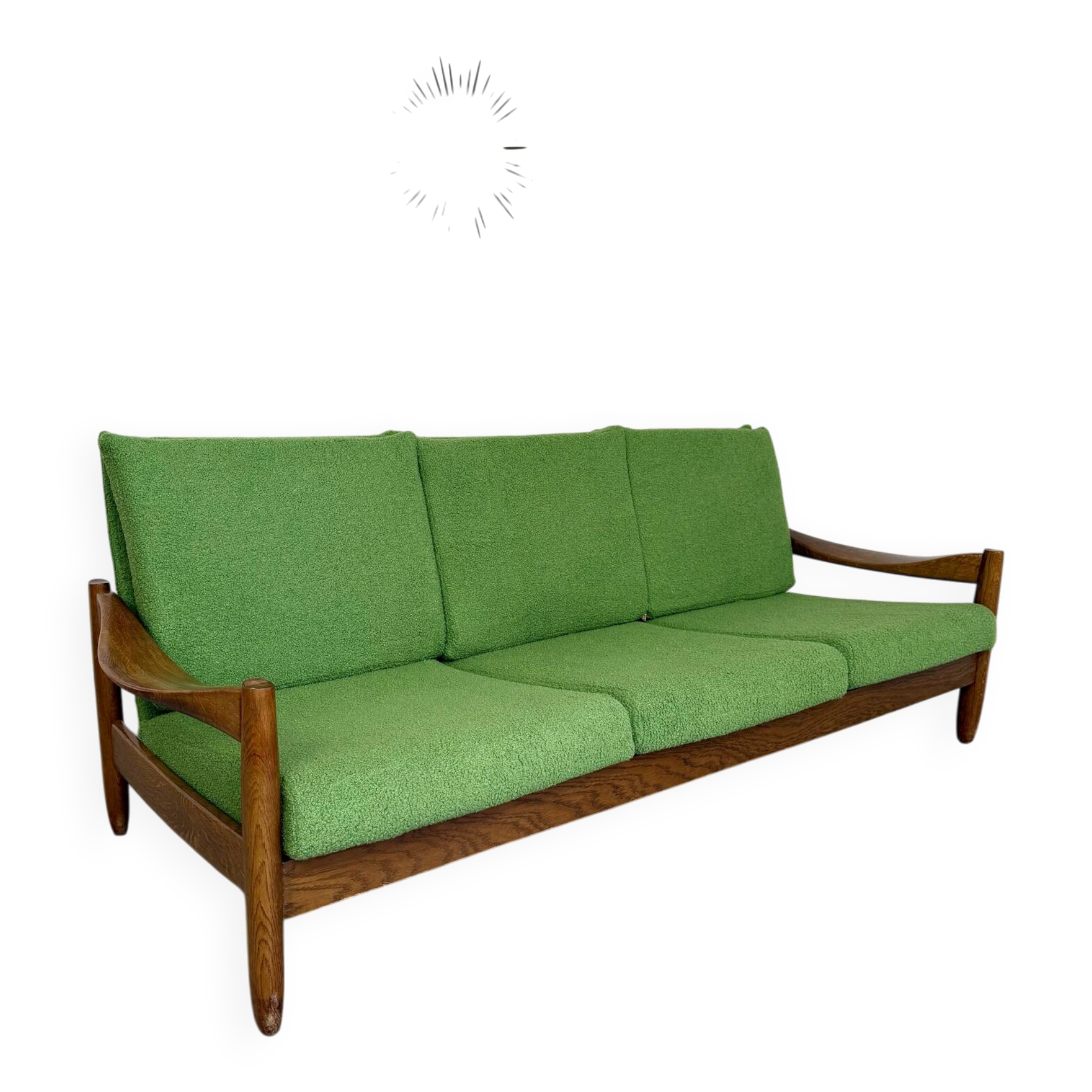 Vintage 3-seater canapé in solid oak with boucle fabric, Scandinavian design from the 70s.